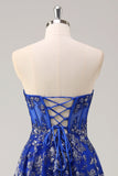Royal Blue A Line senza spalline Appliques Corsetto Abito da ballo lungo con fessura