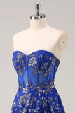 Royal Blue A Line senza spalline Appliques Corsetto Abito da ballo lungo con fessura