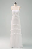 Bianco Spaghetti Straps Mermaid lungo Prom Dress con volant