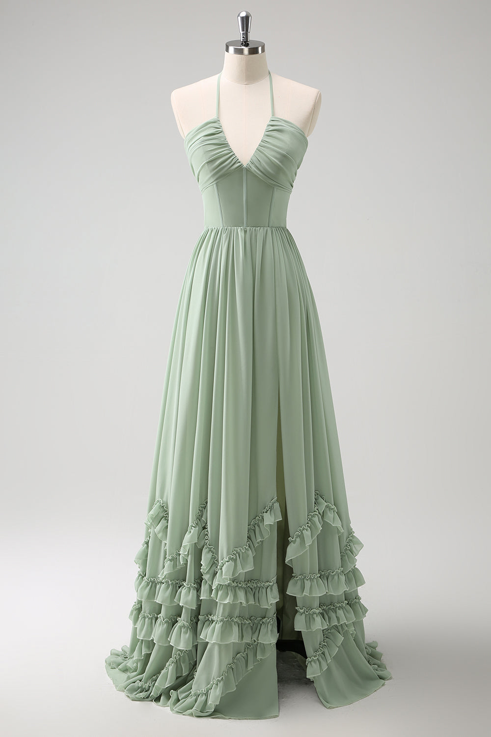 Dusty Sage Halter Corsetto arruffato lungo abito da damigella d'onore con fessura