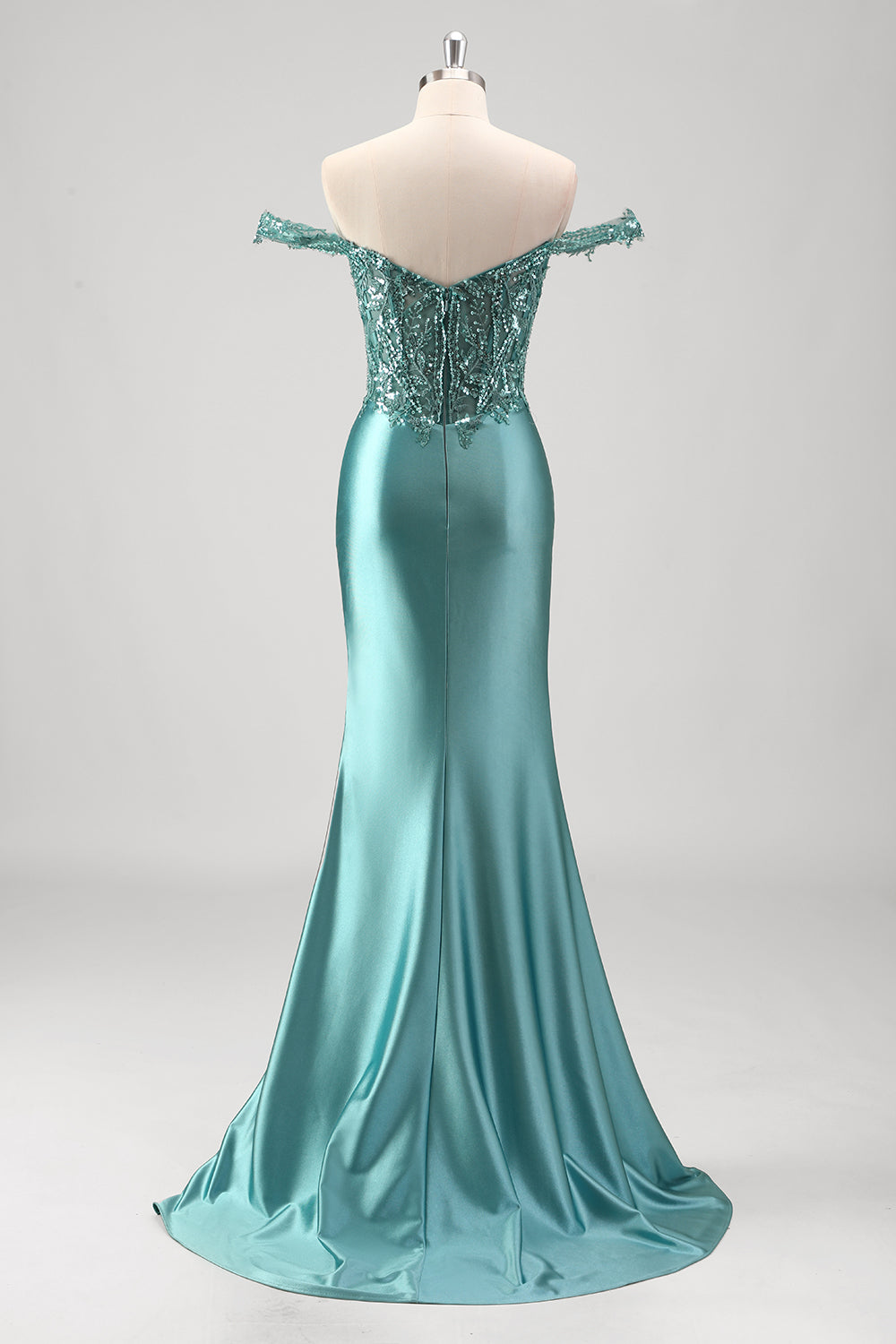 Off the Shoulder Applique sirena grigio verde Abito da cerimonia con fessura