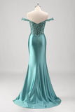 Off the Shoulder Applique sirena grigio verde Abito da cerimonia con fessura
