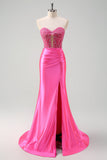Fucsia Sweetheart Mermaid Satin Corsetto Lungo Prom Dress con Appliques
