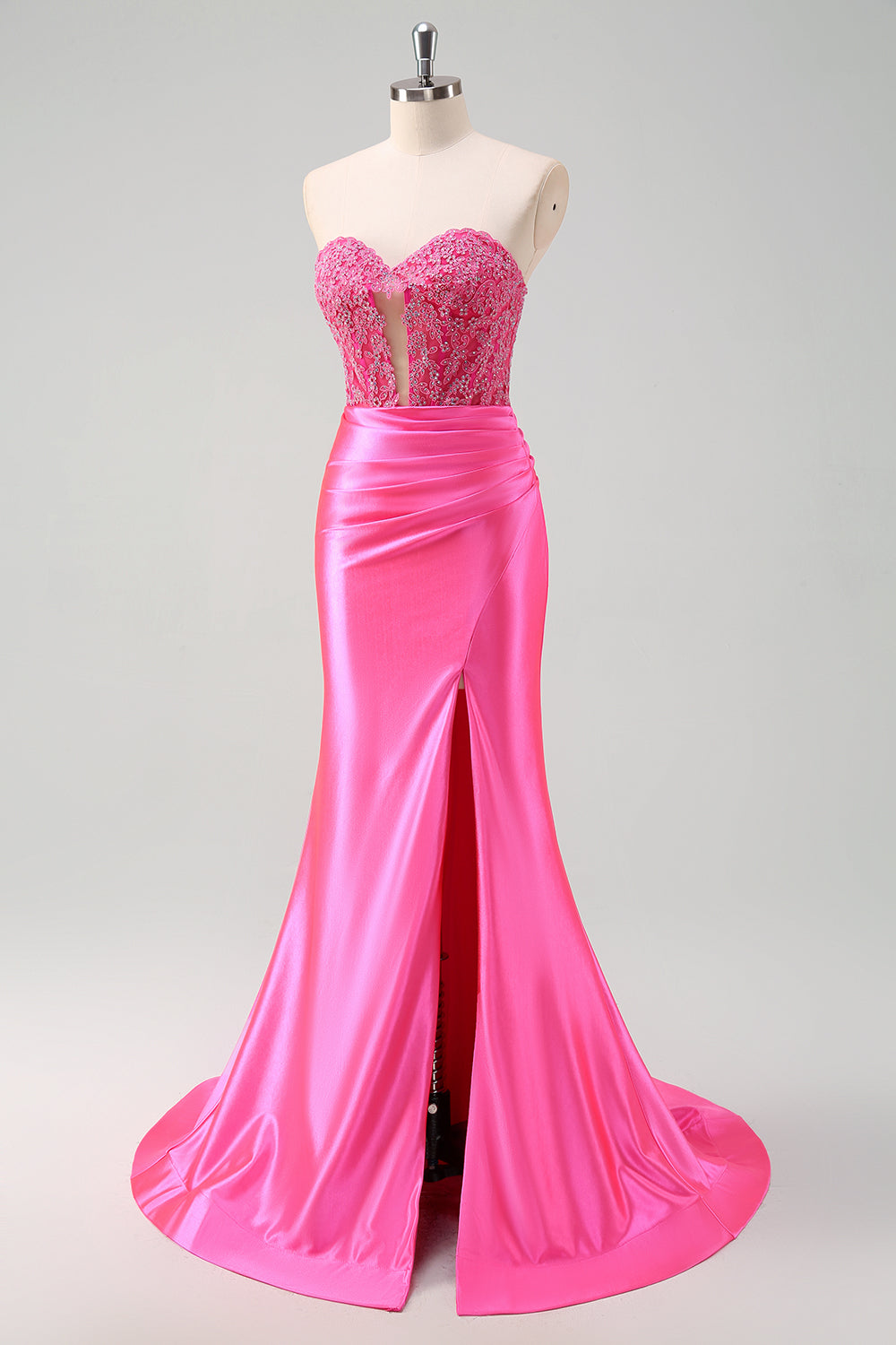 Fucsia Sweetheart Mermaid Satin Corsetto Lungo Prom Dress con Appliques
