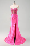 Fucsia Sweetheart Mermaid Satin Corsetto Lungo Prom Dress con Appliques