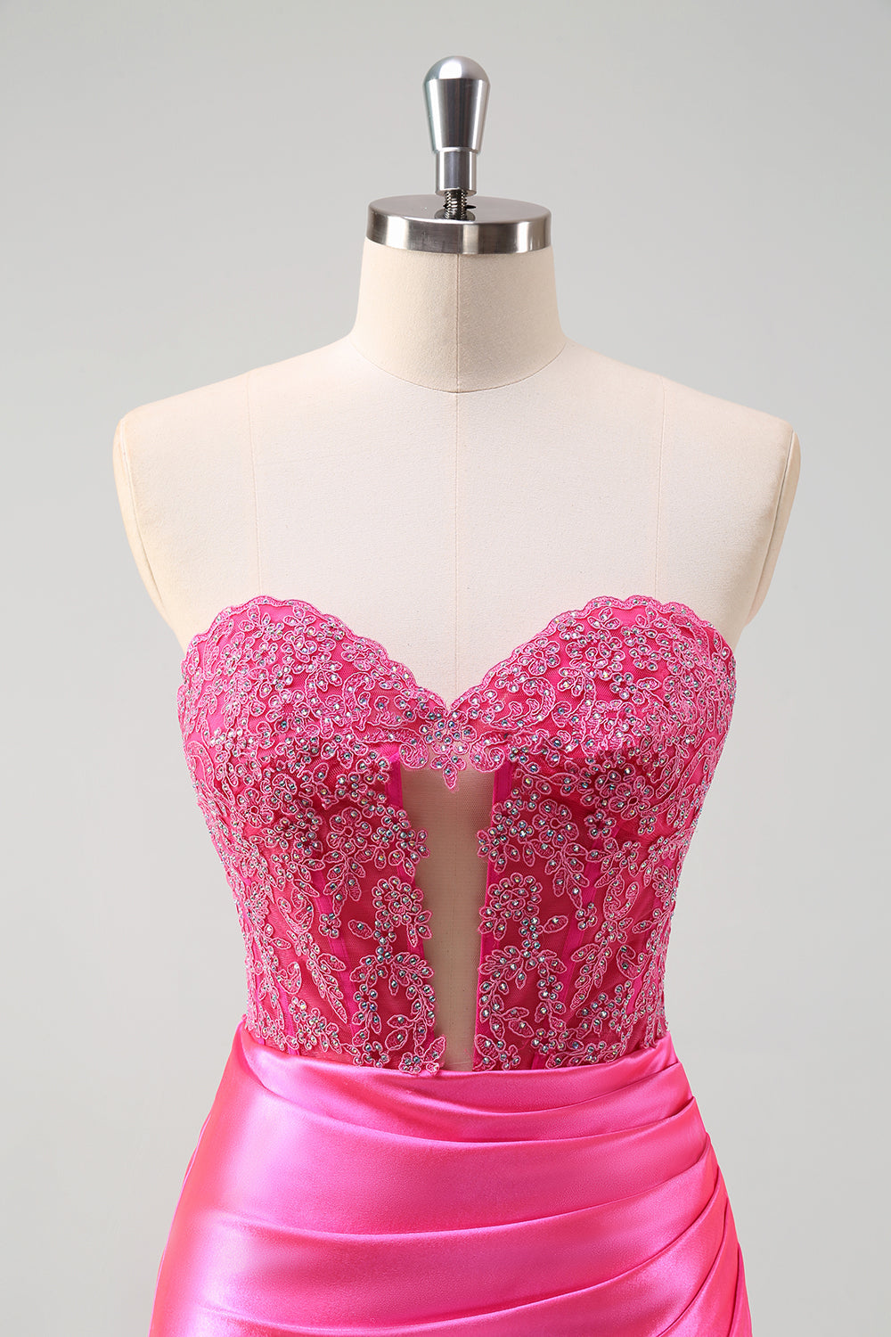 Fucsia Sweetheart Mermaid Satin Corsetto Lungo Prom Dress con Appliques