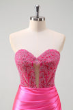 Fucsia Sweetheart Mermaid Satin Corsetto Lungo Prom Dress con Appliques