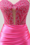 Fucsia Sweetheart Mermaid Satin Corsetto Lungo Prom Dress con Appliques