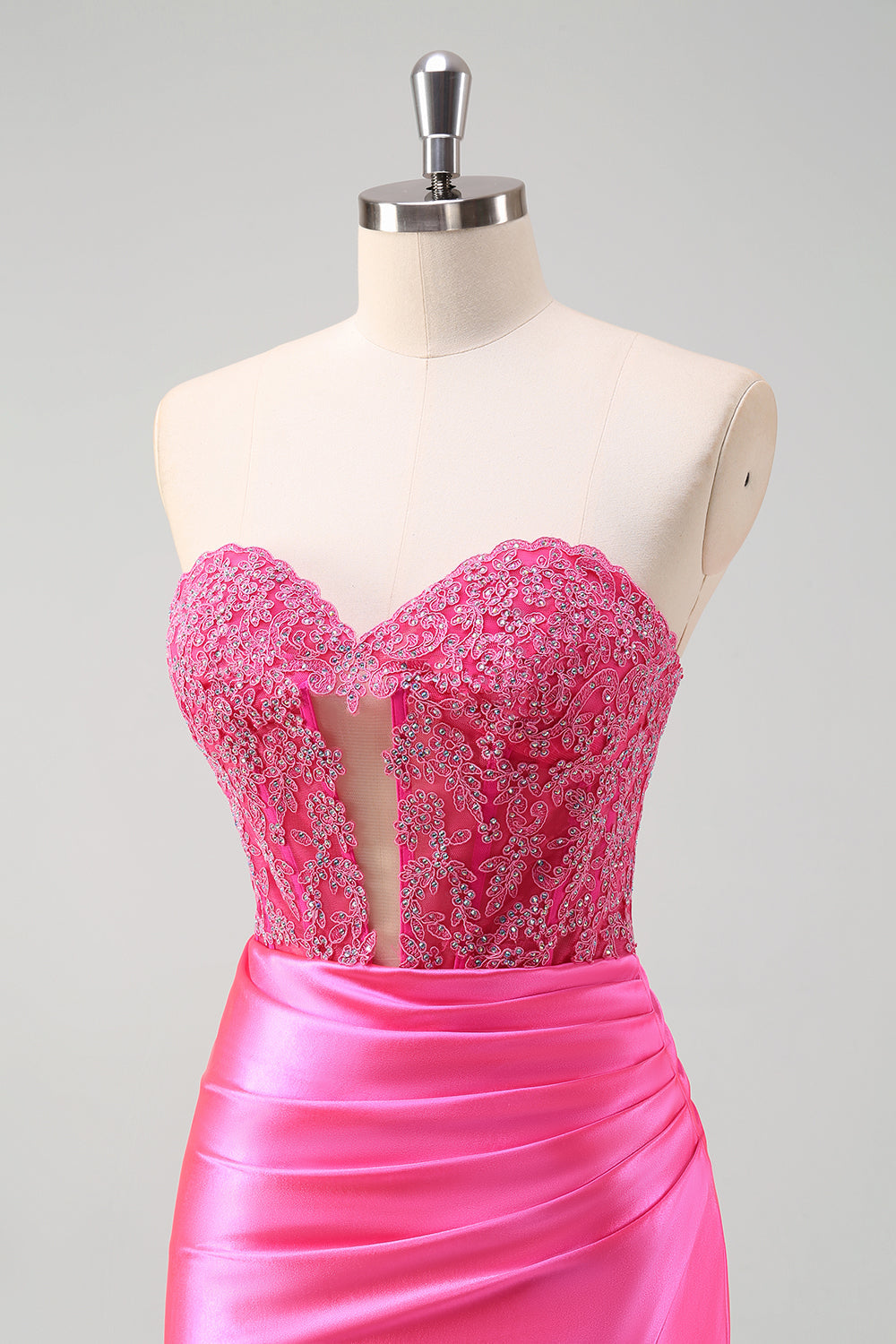 Fucsia Sweetheart Mermaid Satin Corsetto Lungo Prom Dress con Appliques
