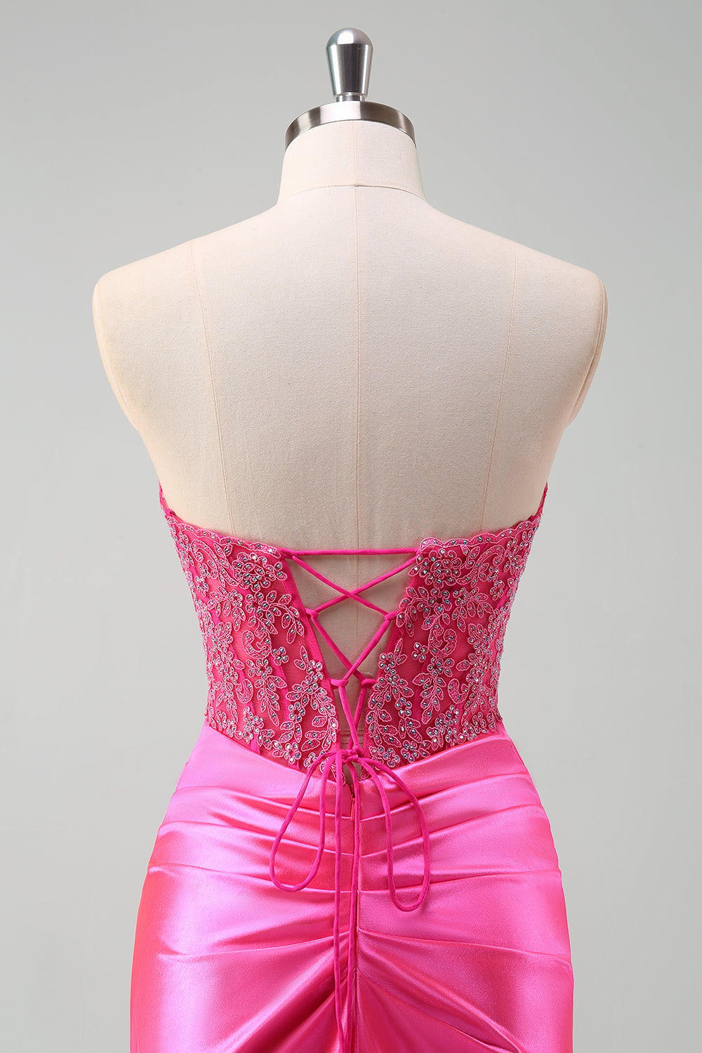 Fucsia Sweetheart Mermaid Satin Corsetto Lungo Prom Dress con Appliques