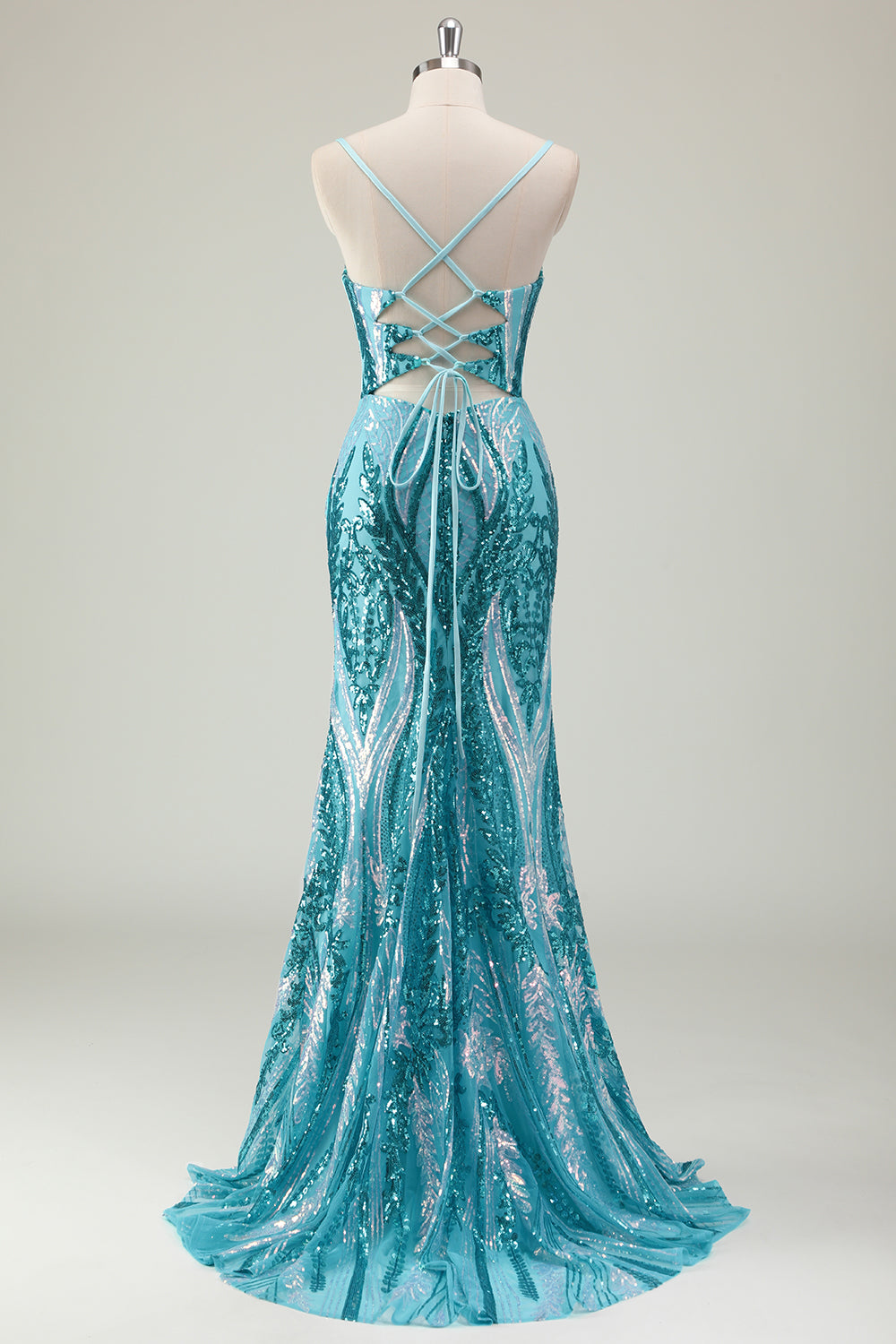 Scintillante blu sirena spaghetti spalline lungo abito da ballo con paillettes