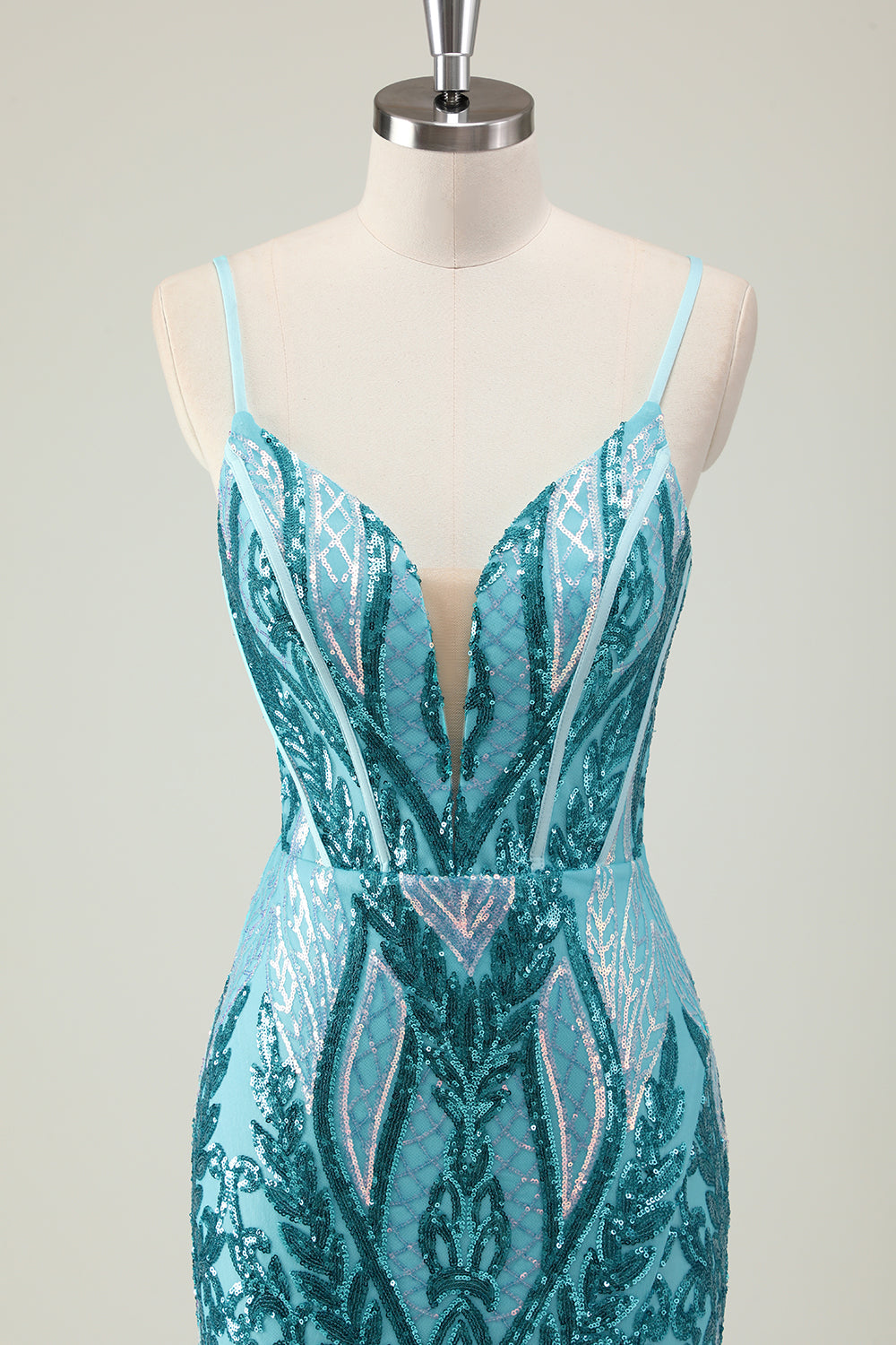 Scintillante blu sirena spaghetti spalline lungo abito da ballo con paillettes