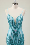 Scintillante blu sirena spaghetti spalline lungo abito da ballo con paillettes