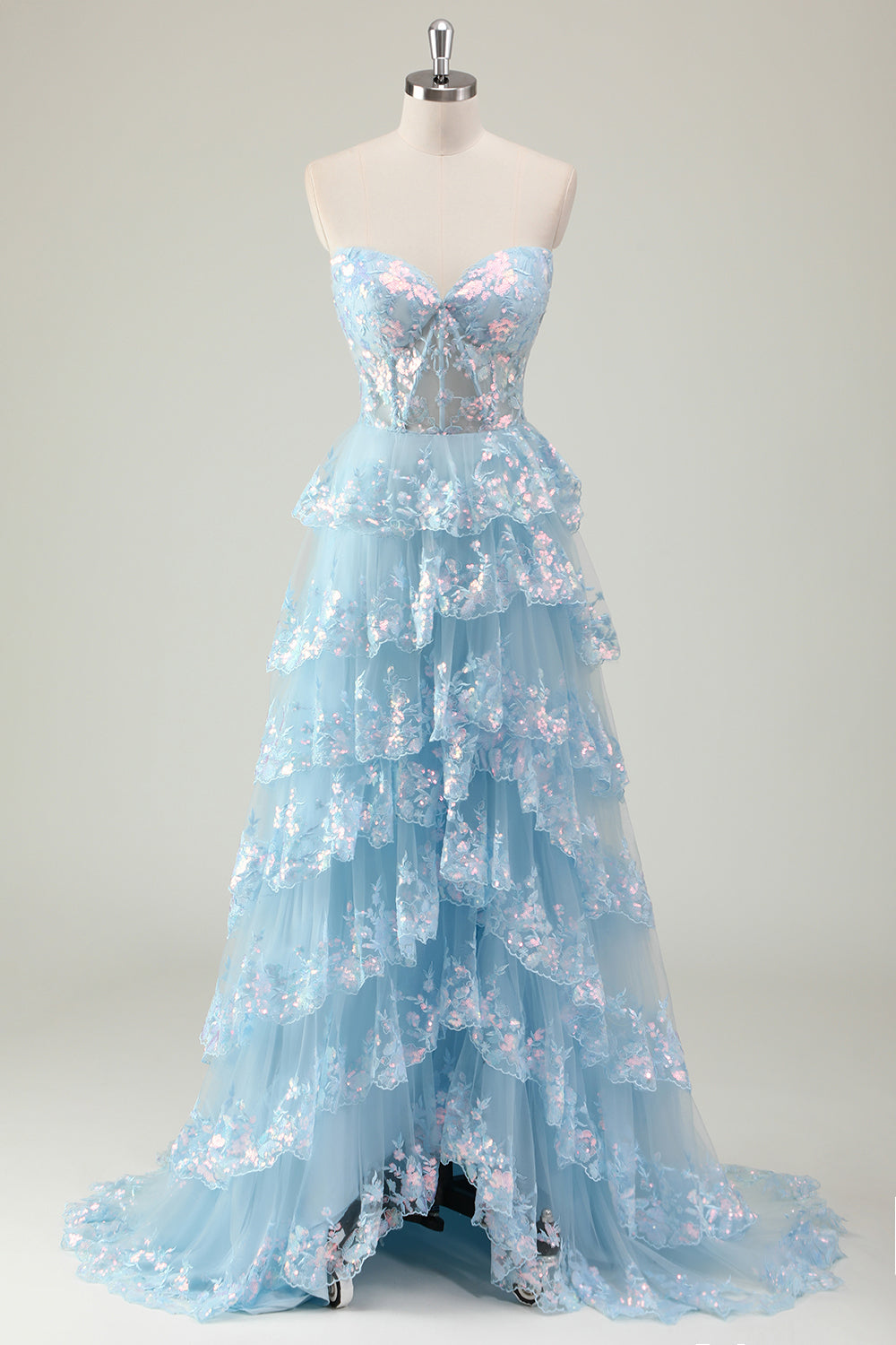 Glitter Blu A Line senza spalline paillettes corsetto Tiered Abito lungo da ballo
