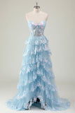 Glitter Blu A Line senza spalline paillettes corsetto Tiered Abito lungo da ballo