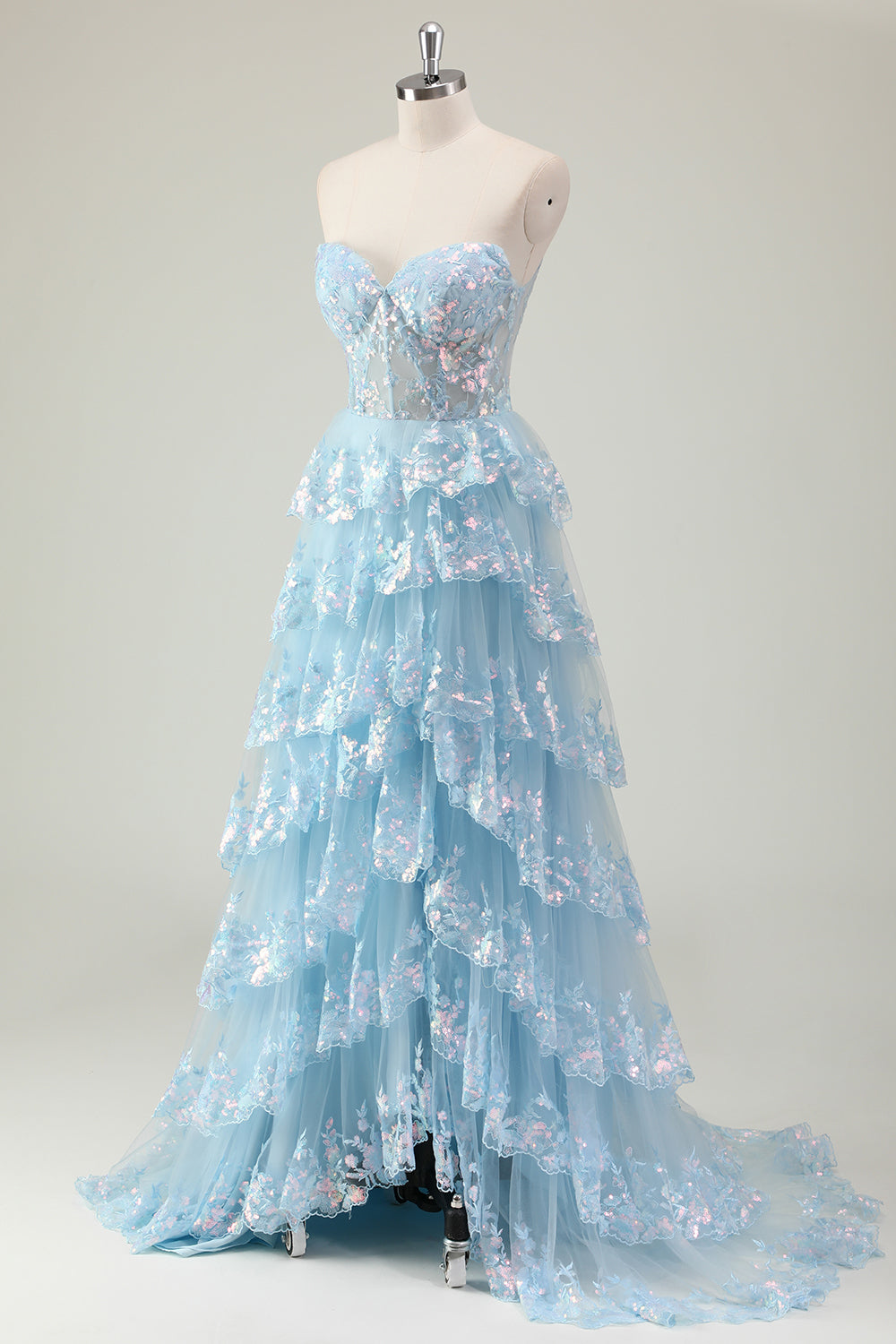 Glitter Blu A Line senza spalline paillettes corsetto Tiered Abito lungo da ballo