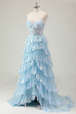 Glitter Blu A Line senza spalline paillettes corsetto Tiered Abito lungo da ballo