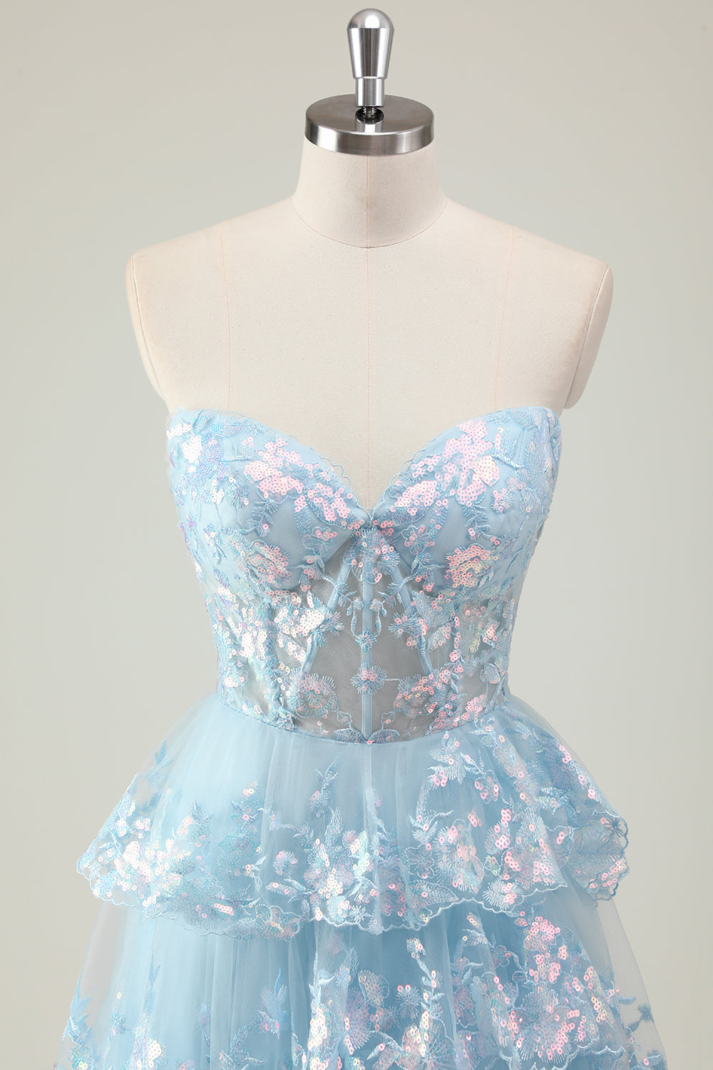 Glitter Blu A Line senza spalline paillettes corsetto Tiered Abito lungo da ballo
