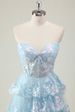 Glitter Blu A Line senza spalline paillettes corsetto Tiered Abito lungo da ballo