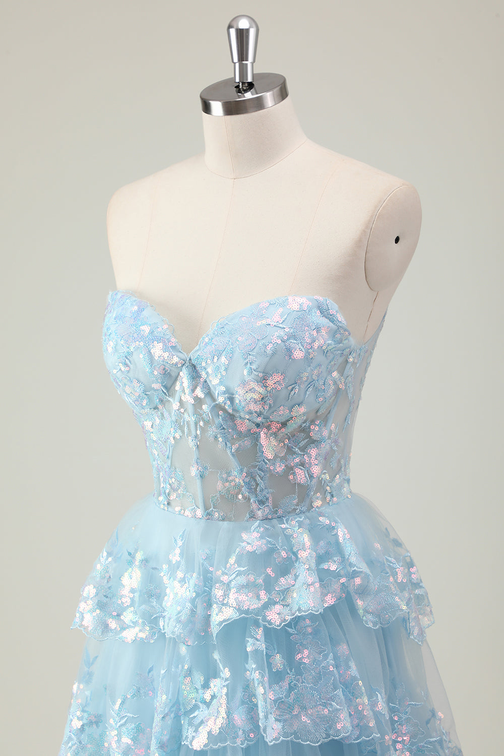 Glitter Blu A Line senza spalline paillettes corsetto Tiered Abito lungo da ballo