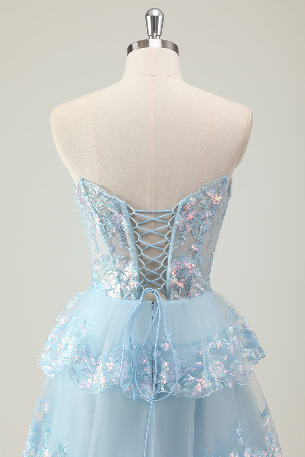 Glitter Blu A Line senza spalline paillettes corsetto Tiered Abito lungo da ballo