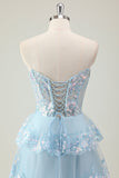 Glitter Blu A Line senza spalline paillettes corsetto Tiered Abito lungo da ballo