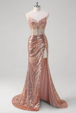 Scintillante rosa dorata sirena corsetto lungo abito da cerimonia con paillettes