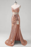 Scintillante rosa dorata sirena corsetto lungo abito da cerimonia con paillettes