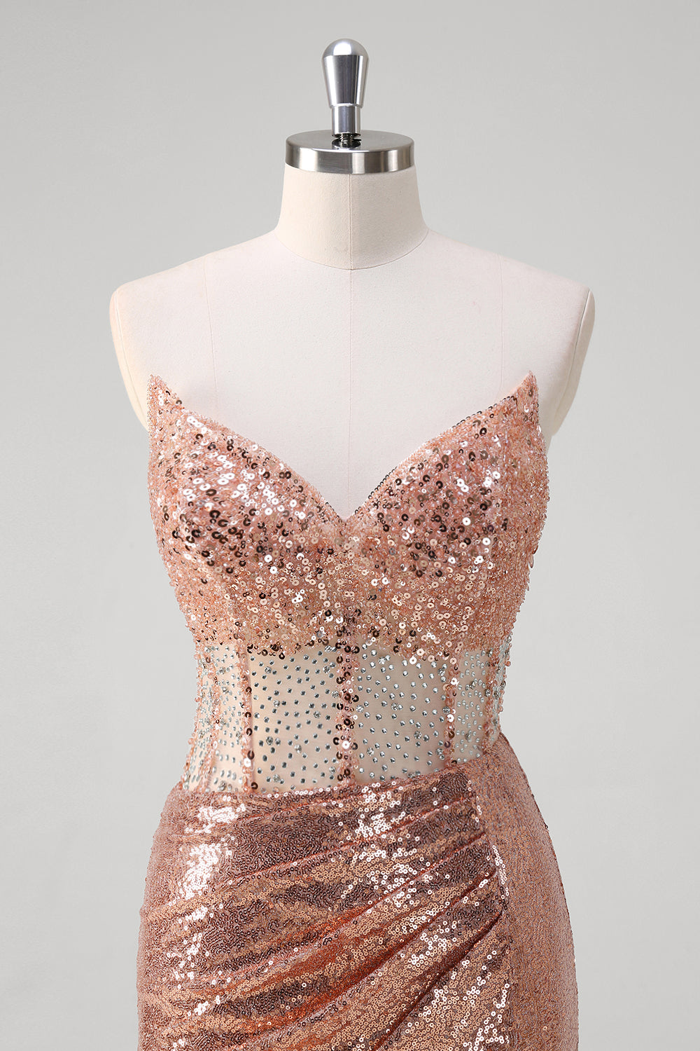 Scintillante rosa dorata sirena corsetto lungo abito da cerimonia con paillettes