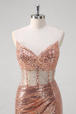 Scintillante rosa dorata sirena corsetto lungo abito da cerimonia con paillettes