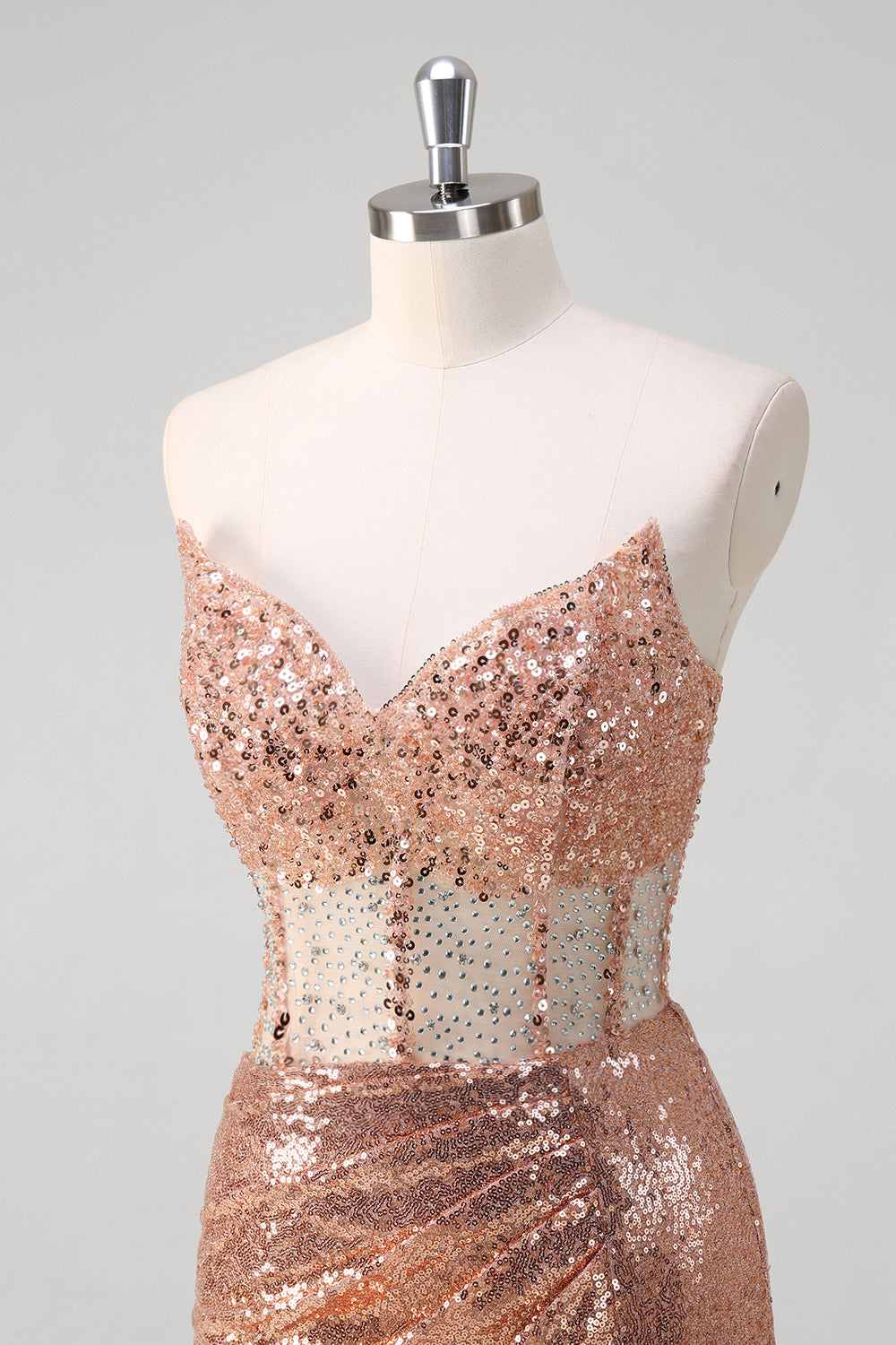 Scintillante rosa dorata sirena corsetto lungo abito da cerimonia con paillettes