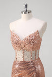 Scintillante rosa dorata sirena corsetto lungo abito da cerimonia con paillettes