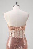 Scintillante rosa dorata sirena corsetto lungo abito da cerimonia con paillettes