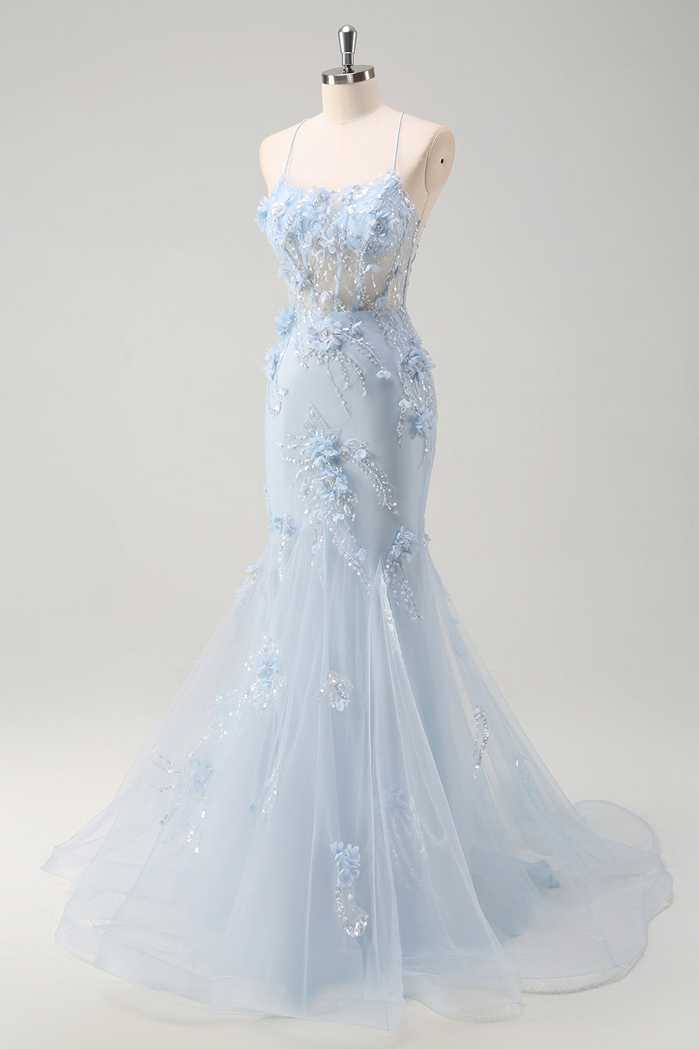 Blu sirena spaghetti spalline tulle corsetto lungo abito da ballo con fiori 3D