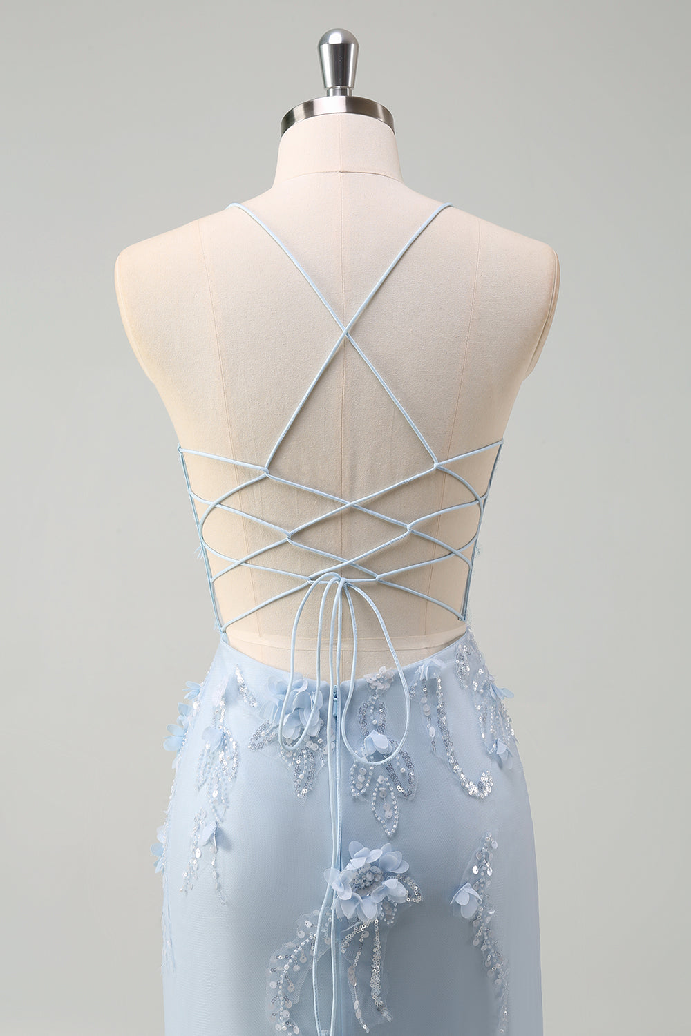 Blu sirena spaghetti spalline tulle corsetto lungo abito da ballo con fiori 3D