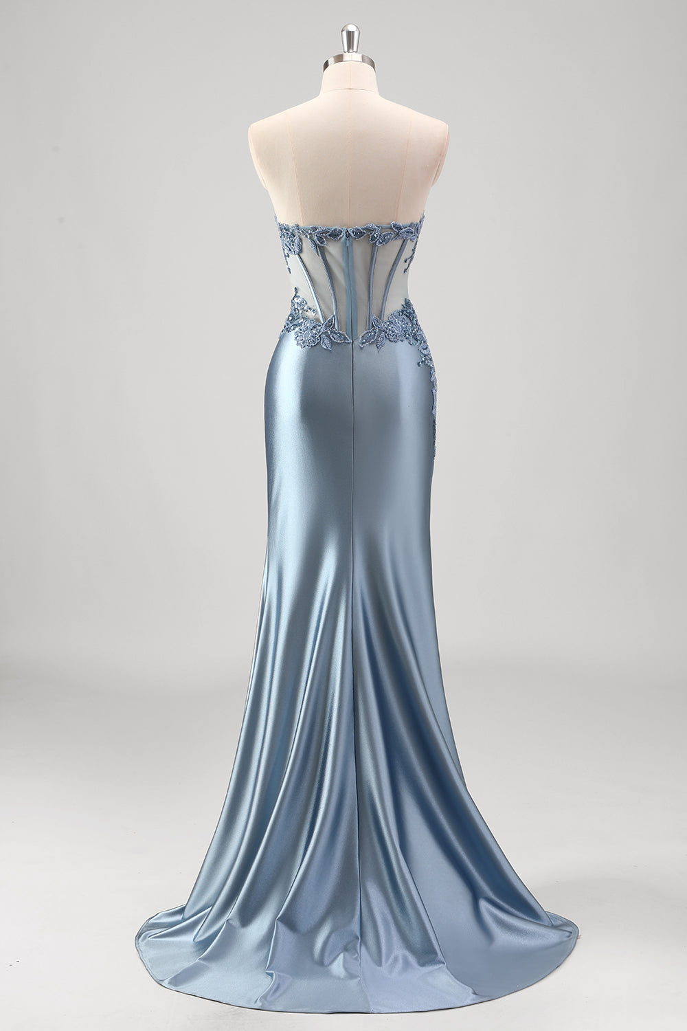 Grigio blu sirena perline senza spalline metallico Abito da Cerimonia con fessura