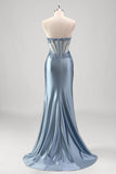 Grigio blu sirena perline senza spalline metallico Abito da Cerimonia con fessura