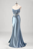 Grigio blu sirena perline senza spalline metallico Abito da Cerimonia con fessura