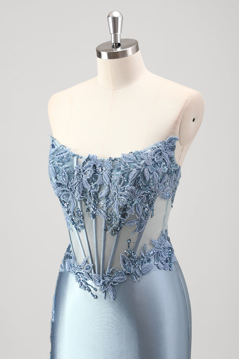 Grigio blu sirena perline senza spalline metallico Abito da Cerimonia con fessura