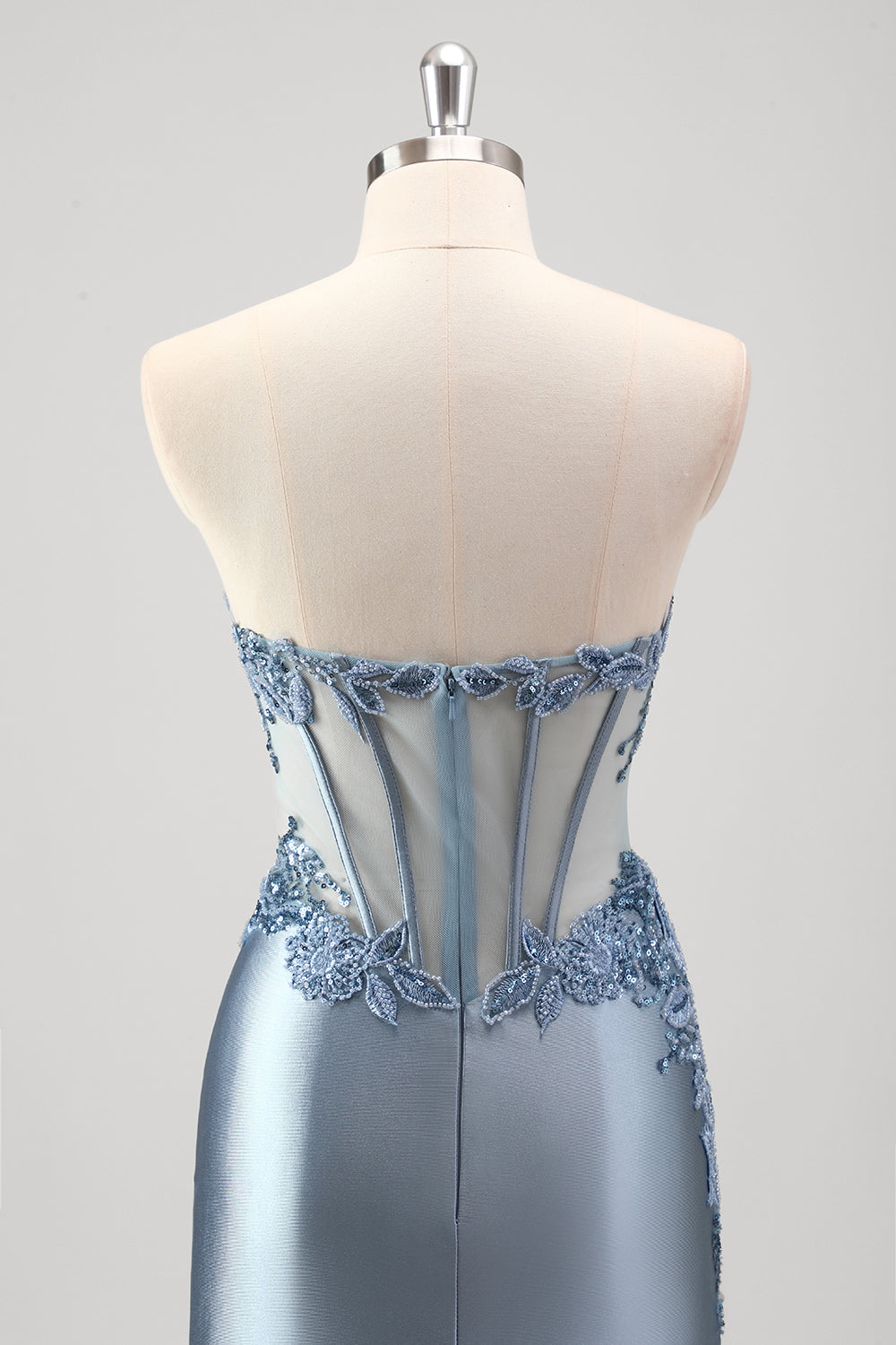 Grigio blu sirena perline senza spalline metallico Abito da Cerimonia con fessura