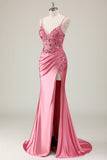 Scintillante corallo sirena paillettes spaghetti straps corsetto lungo abito da ballo con fessura