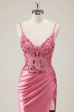 Scintillante corallo sirena paillettes spaghetti straps corsetto lungo abito da ballo con fessura