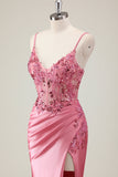 Scintillante corallo sirena paillettes spaghetti straps corsetto lungo abito da ballo con fessura