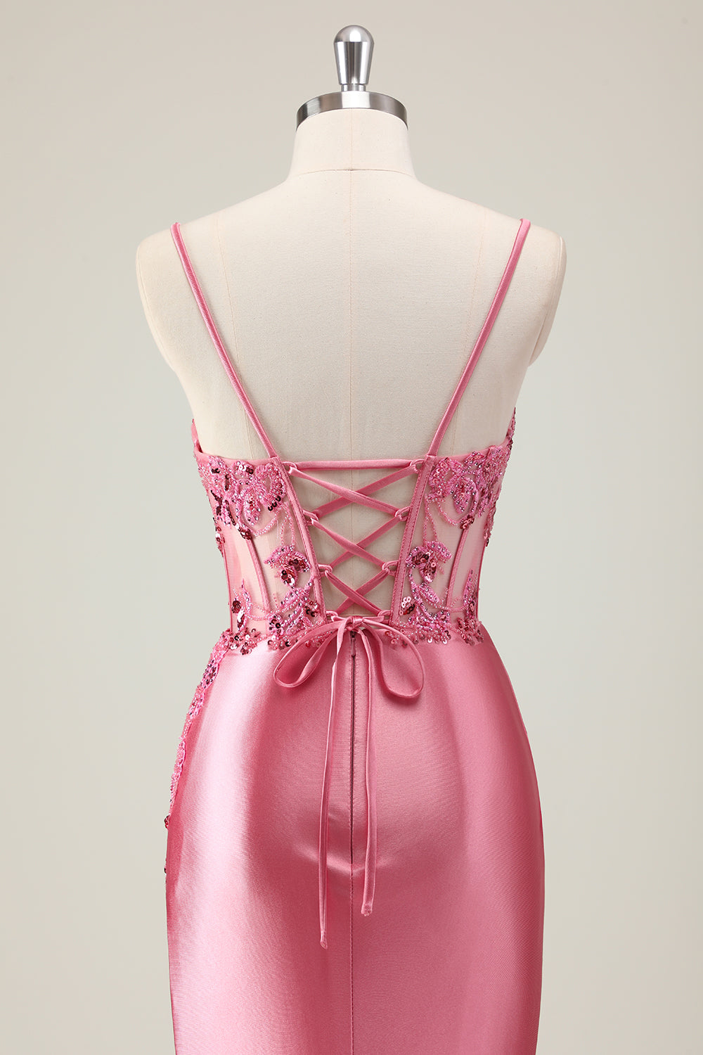 Scintillante corallo sirena paillettes spaghetti straps corsetto lungo abito da ballo con fessura