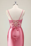 Scintillante corallo sirena paillettes spaghetti straps corsetto lungo abito da ballo con fessura