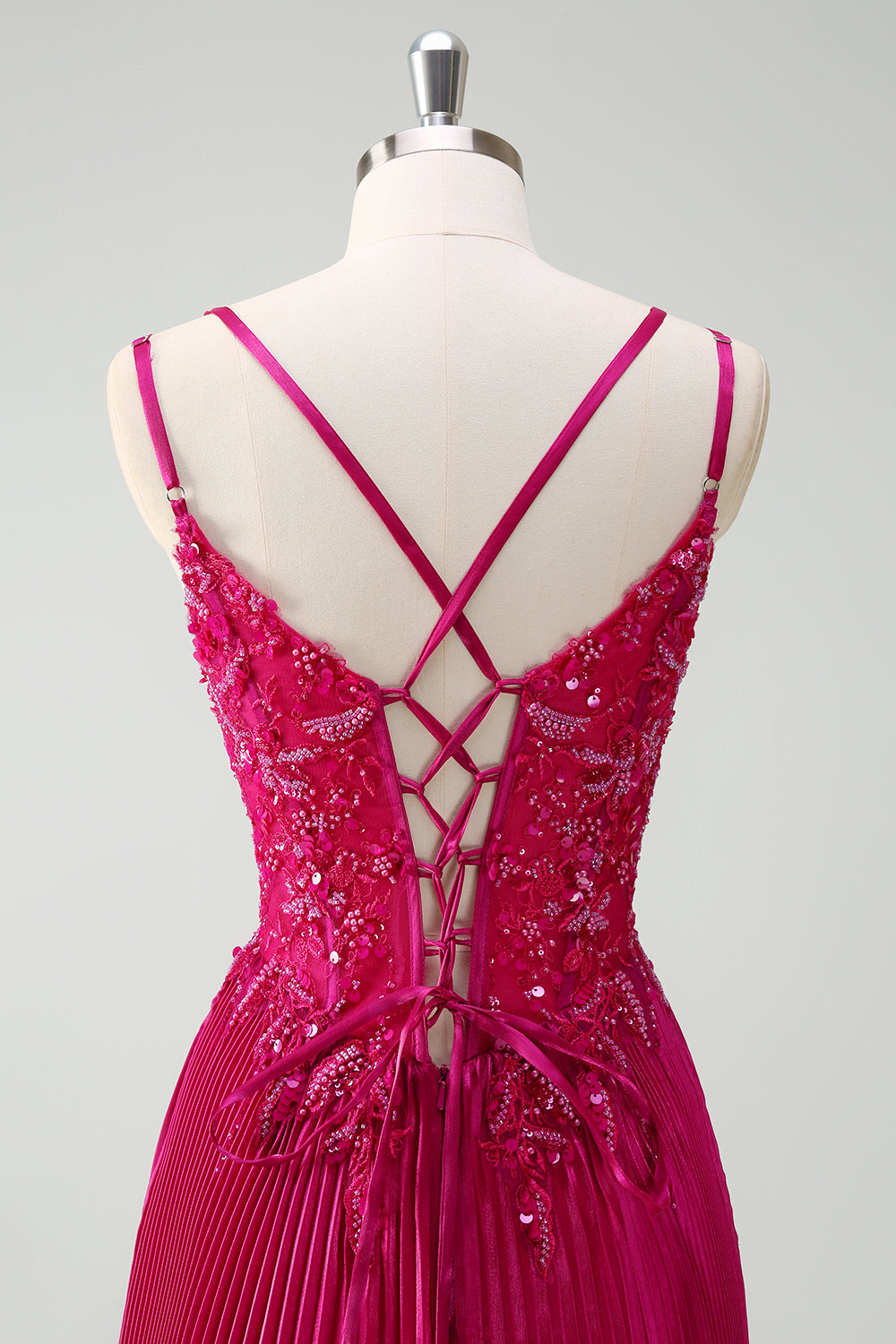 Fucsia guaina Spaghetti Straps pieghettato corsetto lungo Prom Dress con applicazioni
