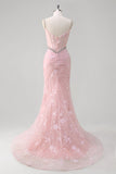 Sirena rosa Spaghetti Straps paillettes corsetto floreale Abito da Cerimonia con perline