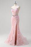 Sirena rosa Spaghetti Straps paillettes corsetto floreale Abito da Cerimonia con perline