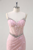 Sirena rosa Spaghetti Straps paillettes corsetto floreale Abito da Cerimonia con perline