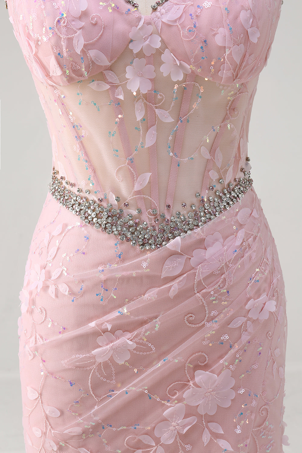 Sirena rosa Spaghetti Straps paillettes corsetto floreale Abito da Cerimonia con perline